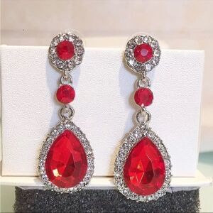 Red Diamond Triple Dangle Cubic Zirconia Prom Bridal Formal Earrings Brand 🆕